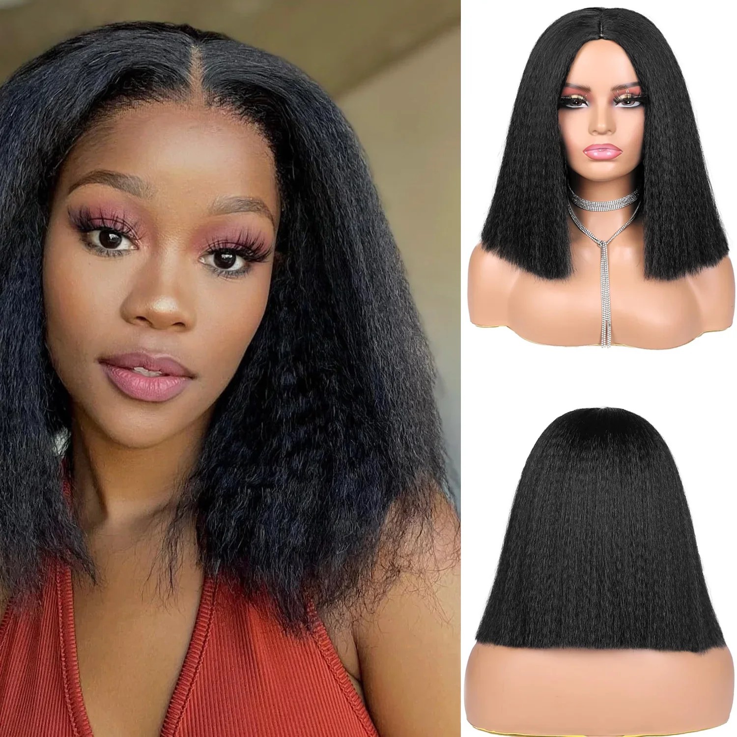 Short Kinky Straight Synthetic Wig High Puff Synth..