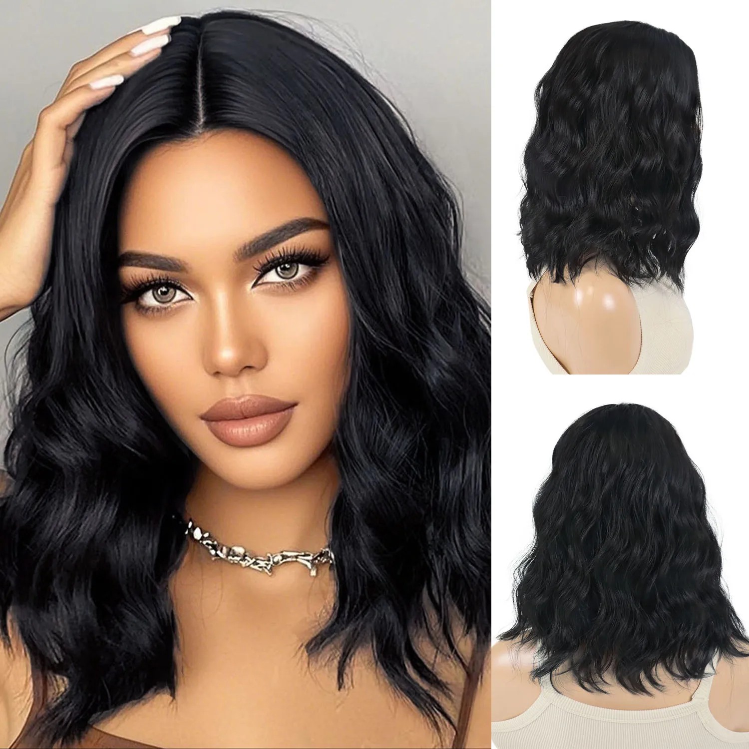 16 Inch Long Black Wavy Wigs for Women Synthetic Ha..